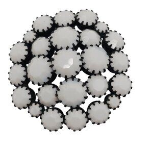 Vtg Milk Glass Brooch Pin Dome Jappaned Finish‎ 50s Mid-Century Cluster B&W Stmt